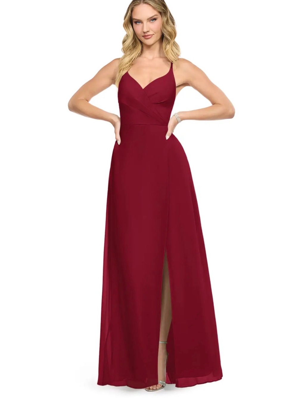 Azazie - Davis - Burgundy A-Line V-Neck Chiffon Dress - Size A2